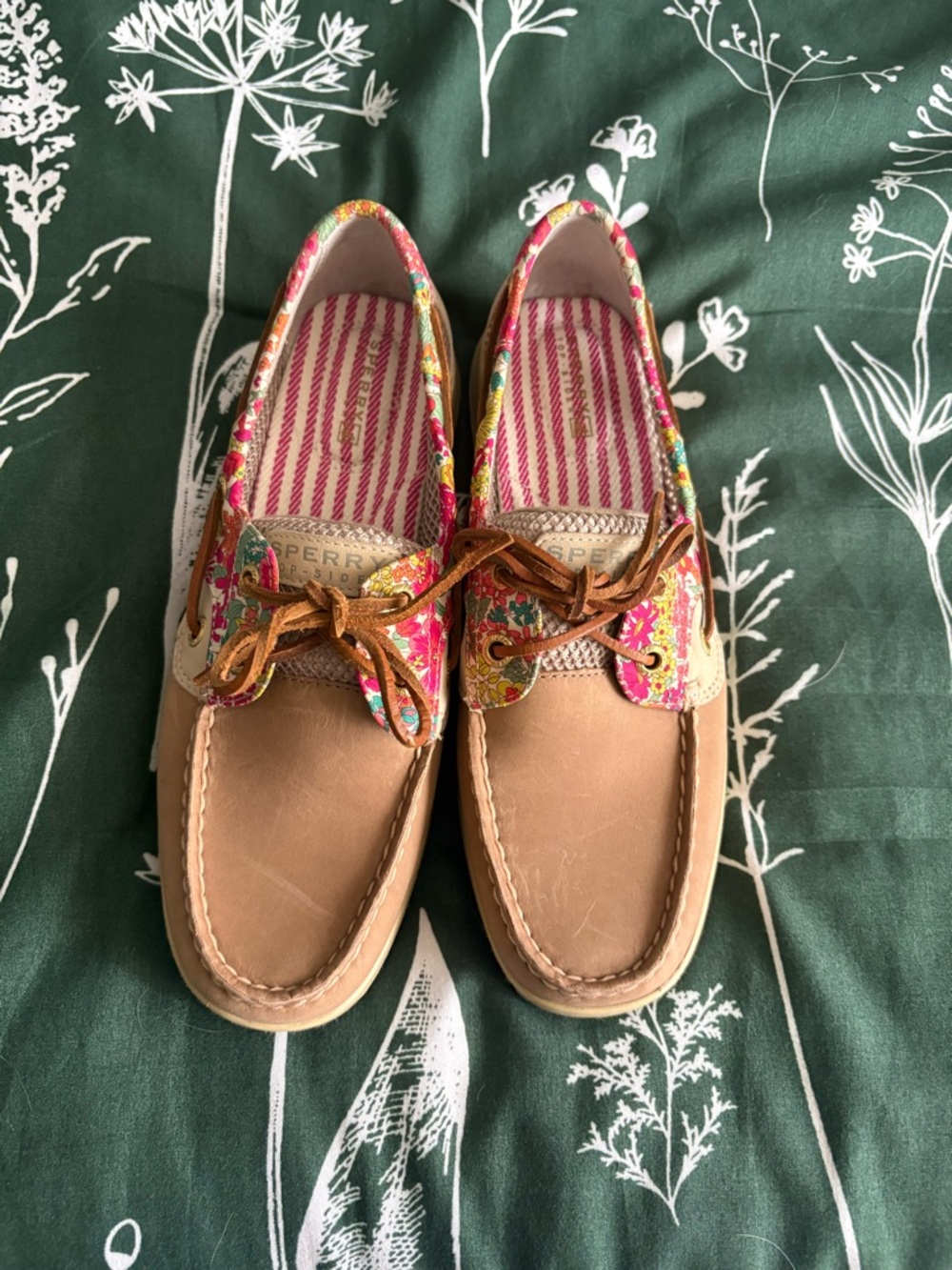 Sperry Tan Leather Boat Shoes with Pink Floral Trim